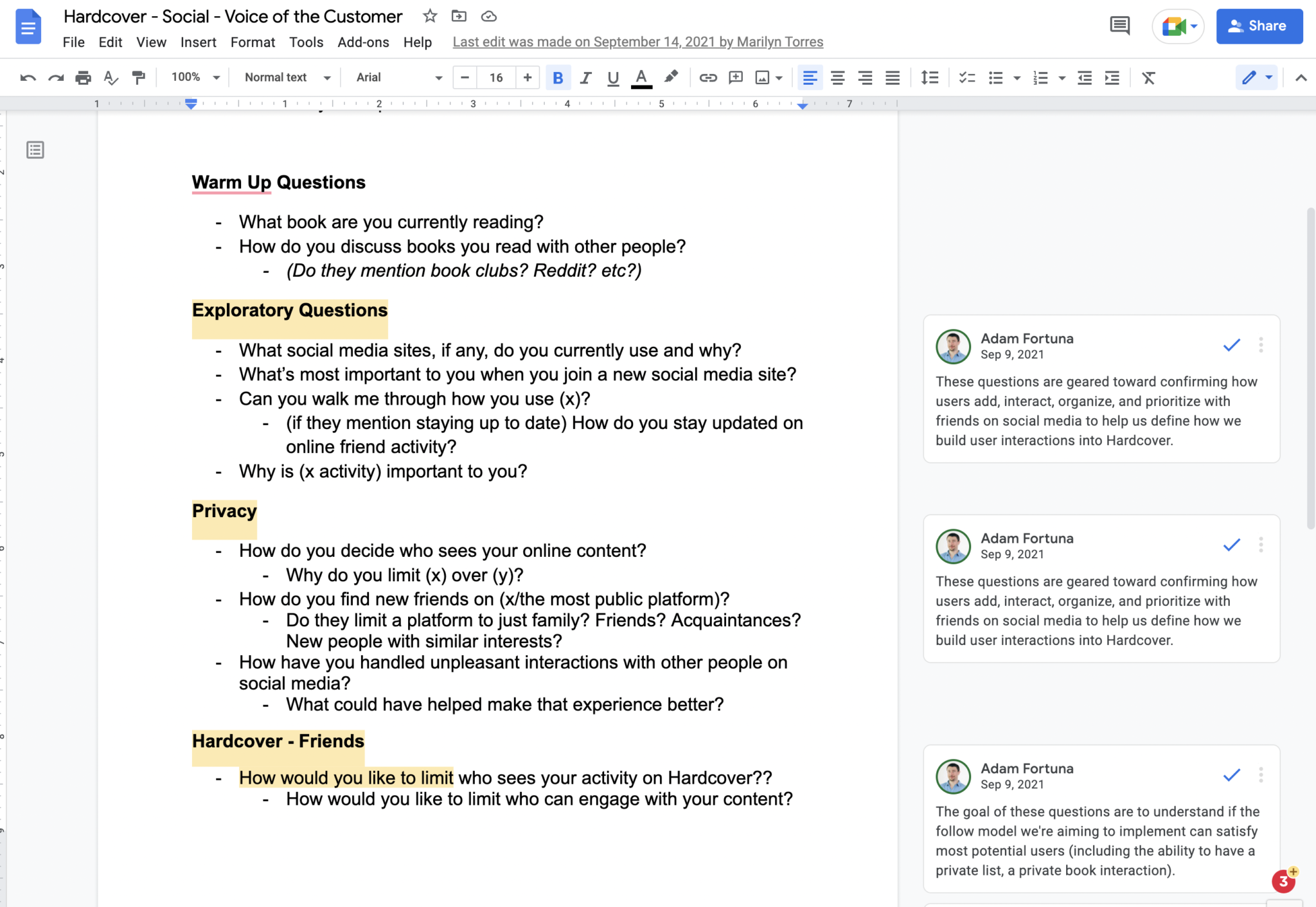 An example of our Voice of the Customer Discussion Guide for Social Features