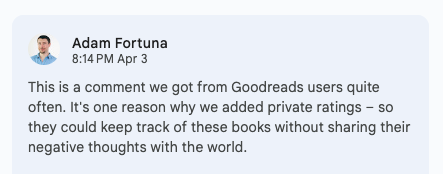 Screenshot of a comment from a Google Doc, referencing conversations with Goodreads users as further evidence of one of the personas.