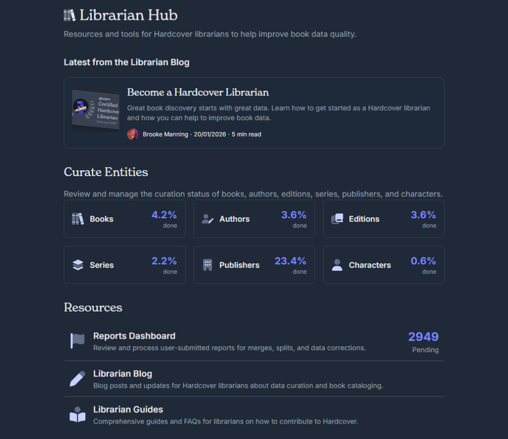 Librarian hub dashboard displaying recent librarian blog posts, current reports in queue, and curation status entities across books, editions, series, publishers, authors, etc. Image is a 'sneak peek'.